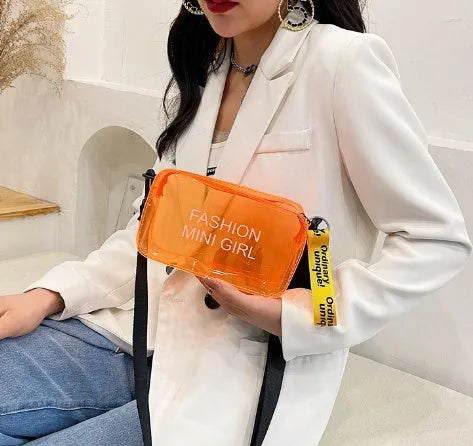 Transparent square jelly cross-body shoulder bag with adjustable strap in multiple colour options.