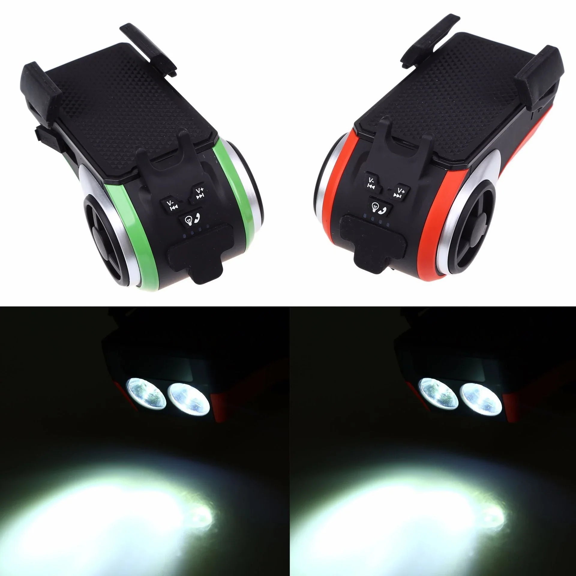 5-in-1 Double LED Bicycle Light with Bluetooth Audio and Power Bank in silver