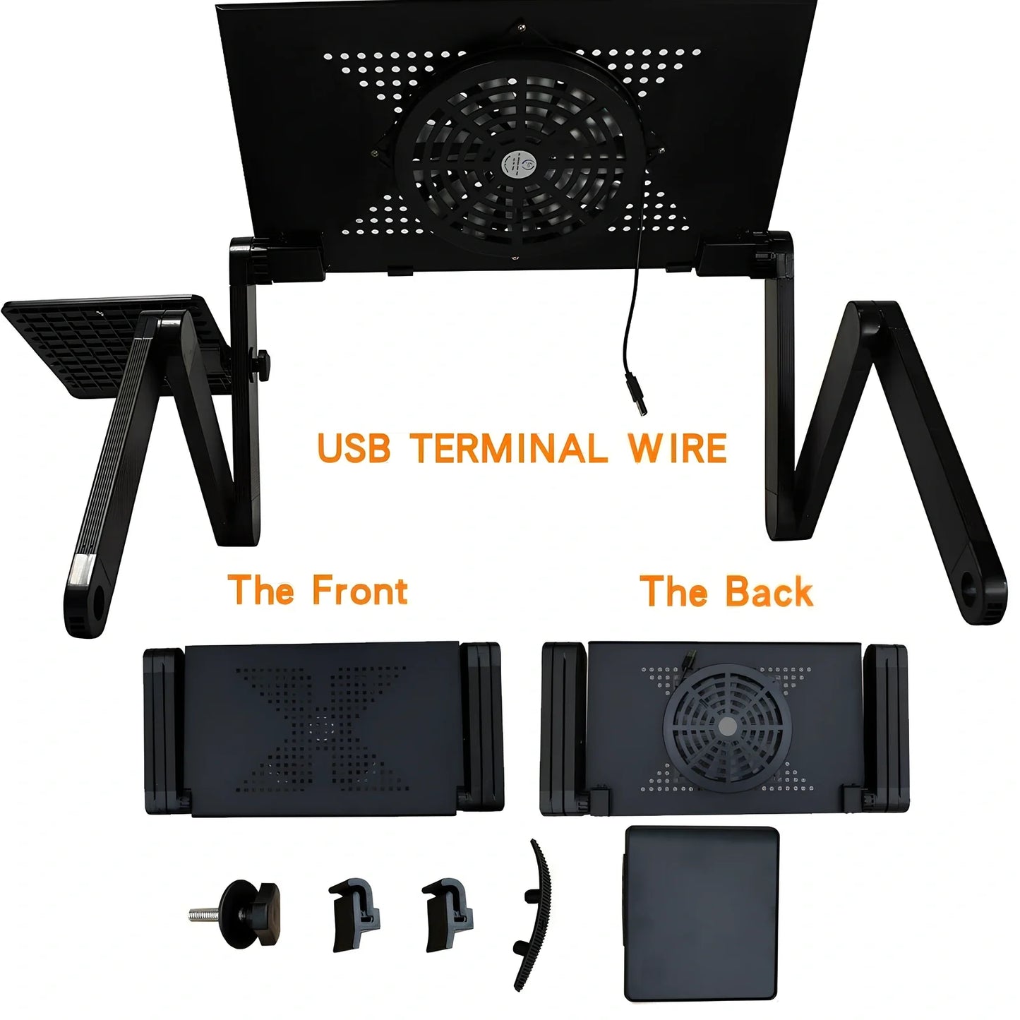 Adjustable aluminium laptop stand with cooling fan in black colour, showing height adjustment mechanism