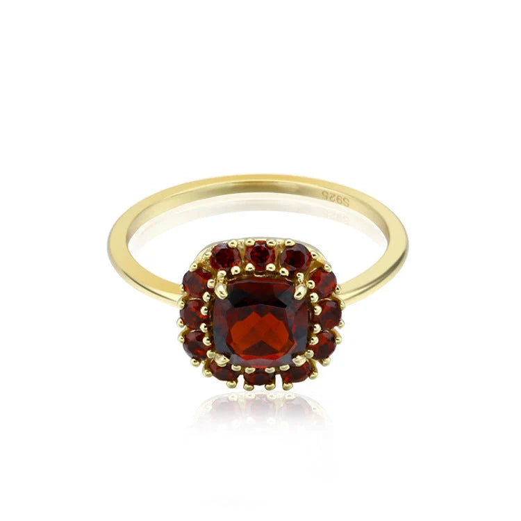 Vintage sterling silver ring with red pomegranate gem inlay, geometric design