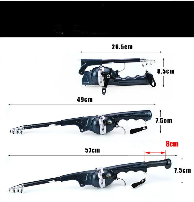 Foldable fishing rod in black colour, shrunk to 26.5cm, with built-in reel and epoxy resin construction