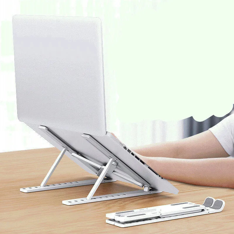 Black folding laptop cooling base showing 10 adjustable height positions on desktop