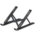 Black folding laptop cooling base showing 10 adjustable height positions on desktop