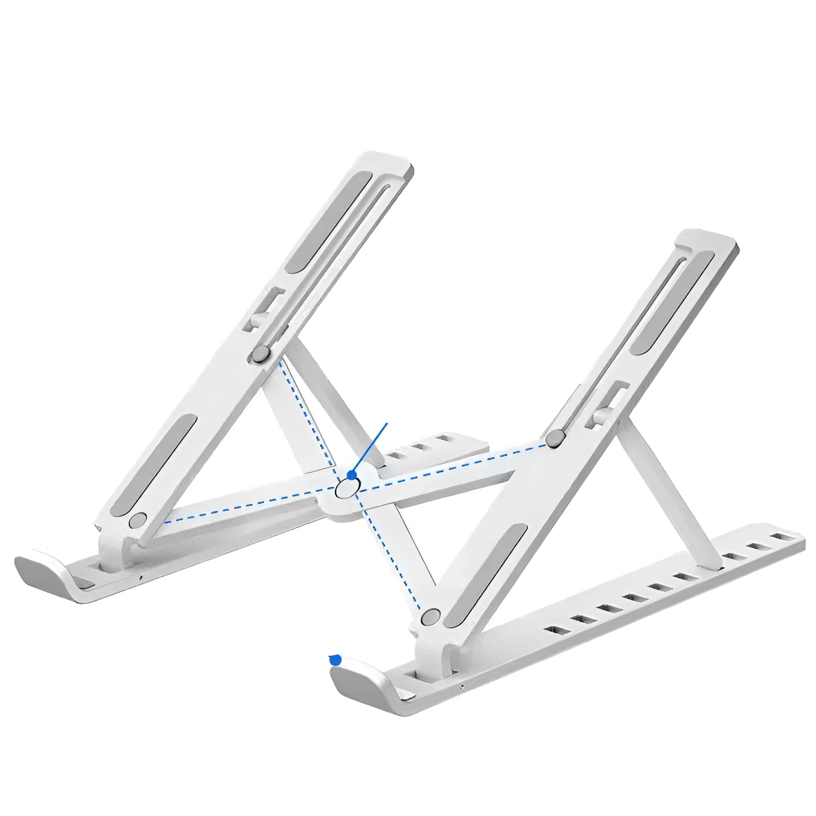 Black folding laptop cooling base showing 10 adjustable height positions on desktop