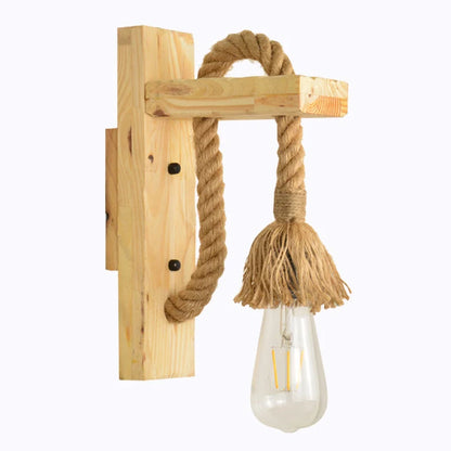 Industrial wood and hemp rope wall lamp with adjustable pulley mechanism