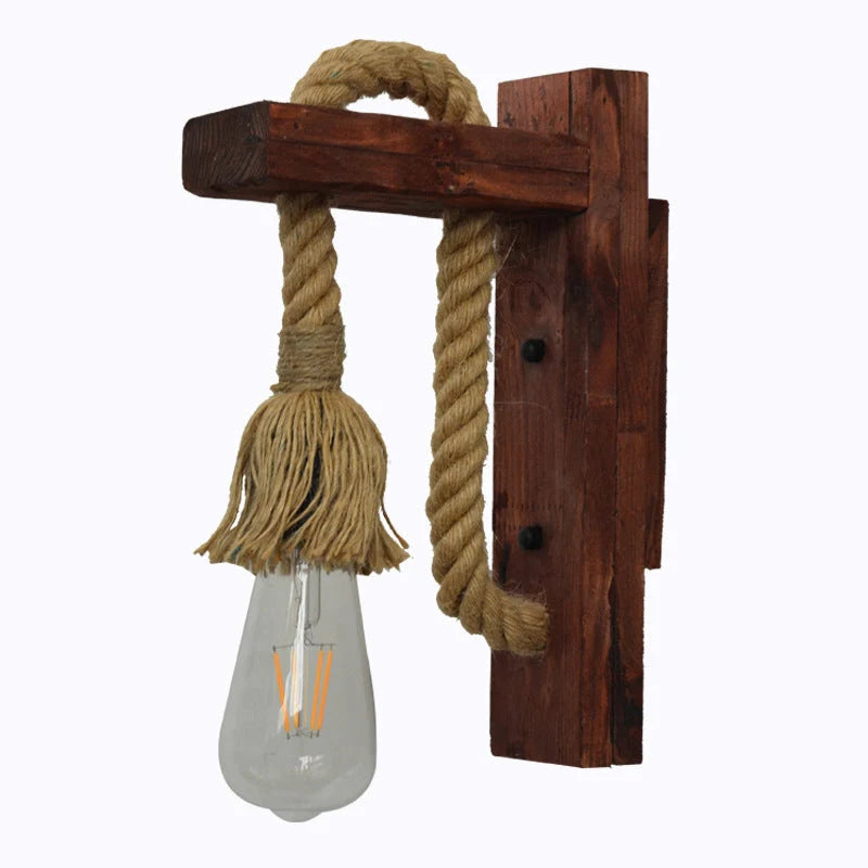 Industrial wood and hemp rope wall lamp with adjustable pulley mechanism
