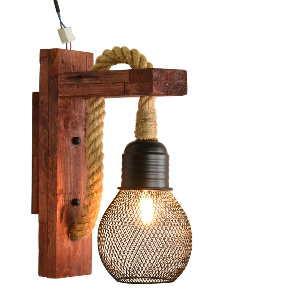 Industrial wood and hemp rope wall lamp with adjustable pulley mechanism