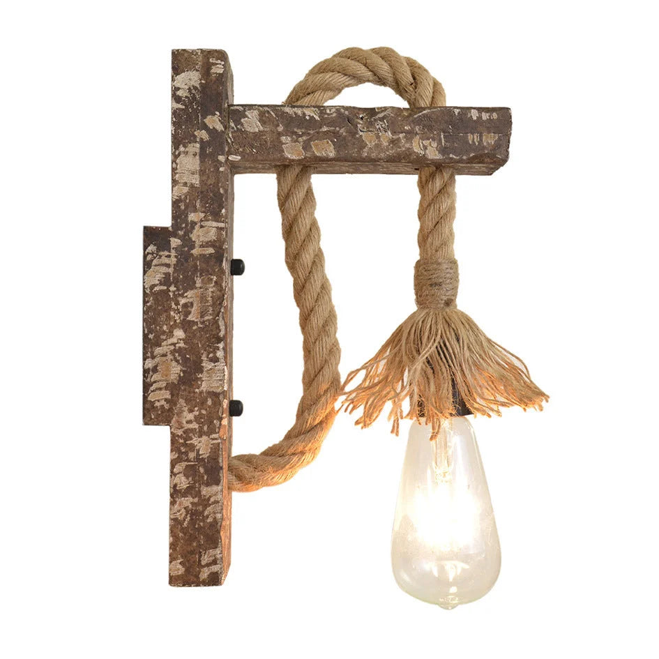 Industrial wood and hemp rope wall lamp with adjustable pulley mechanism