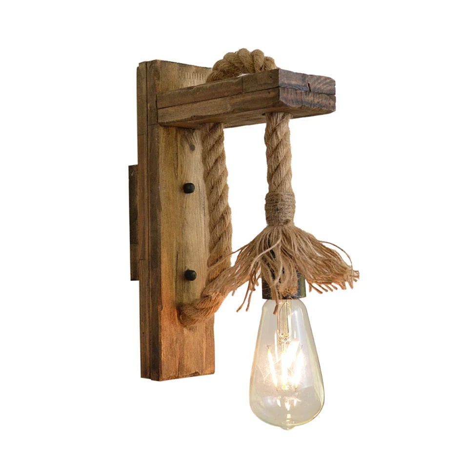 Industrial wood and hemp rope wall lamp with adjustable pulley mechanism