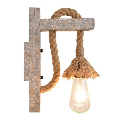 Industrial wood and hemp rope wall lamp with adjustable pulley mechanism