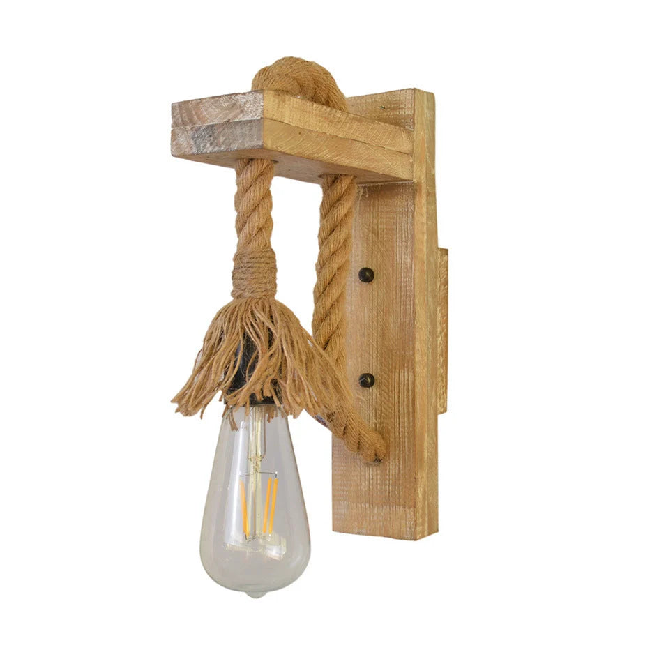 Industrial wood and hemp rope wall lamp with adjustable pulley mechanism