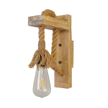 Industrial wood and hemp rope wall lamp with adjustable pulley mechanism