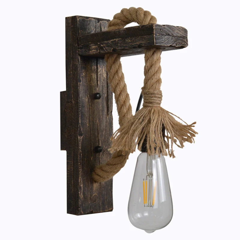 Industrial wood and hemp rope wall lamp with adjustable pulley mechanism