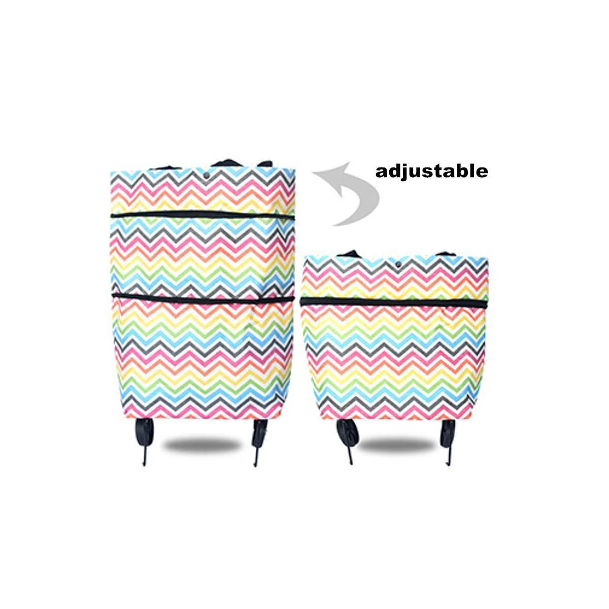 Foldable shopping cart with wheels in various colors, showing transformation from bag to cart