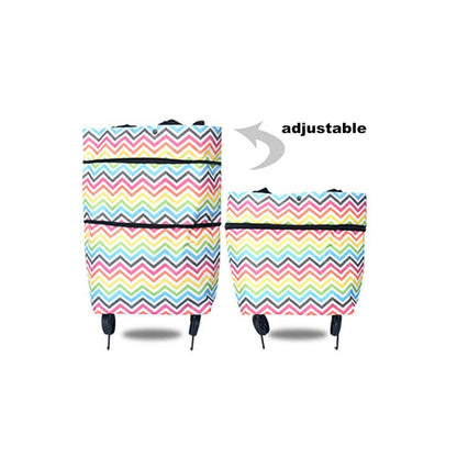 Foldable shopping cart with wheels in various colors, showing transformation from bag to cart