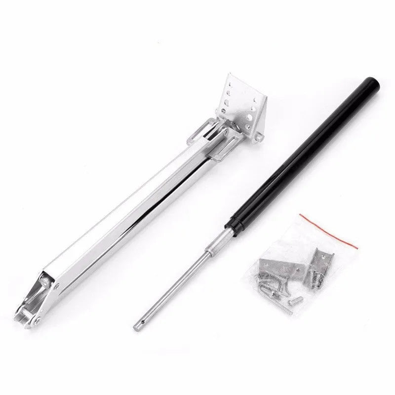 Silver and black aluminium alloy automatic greenhouse window vent opener kit with mounting fittings.
