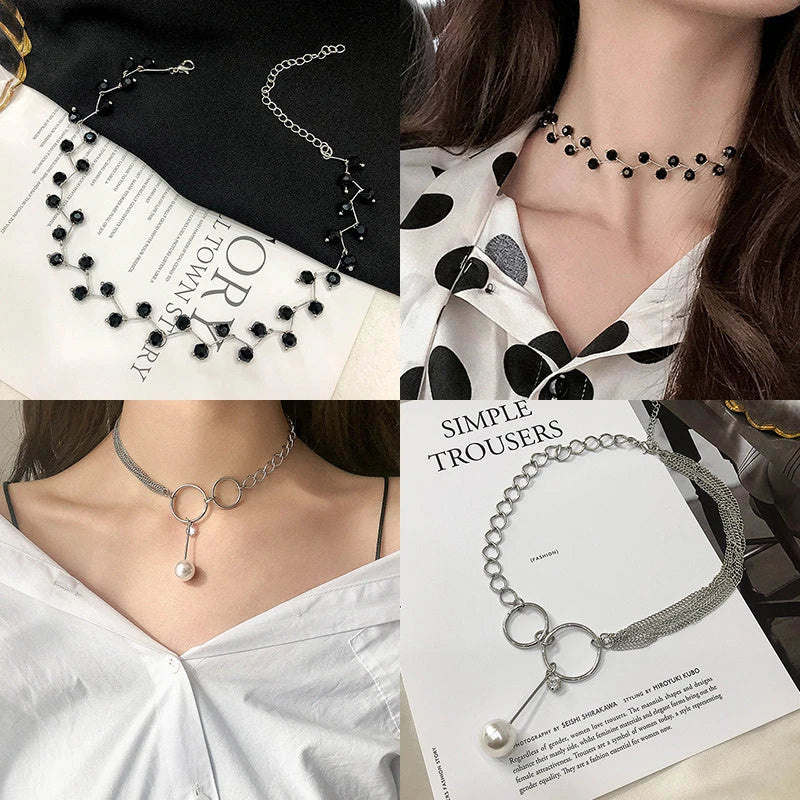 Personalized simple collar short neckband neck chain in various styles including golden pearl and silver pearl