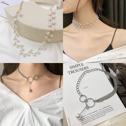 Personalized simple collar short neckband neck chain in various styles including golden pearl and silver pearl