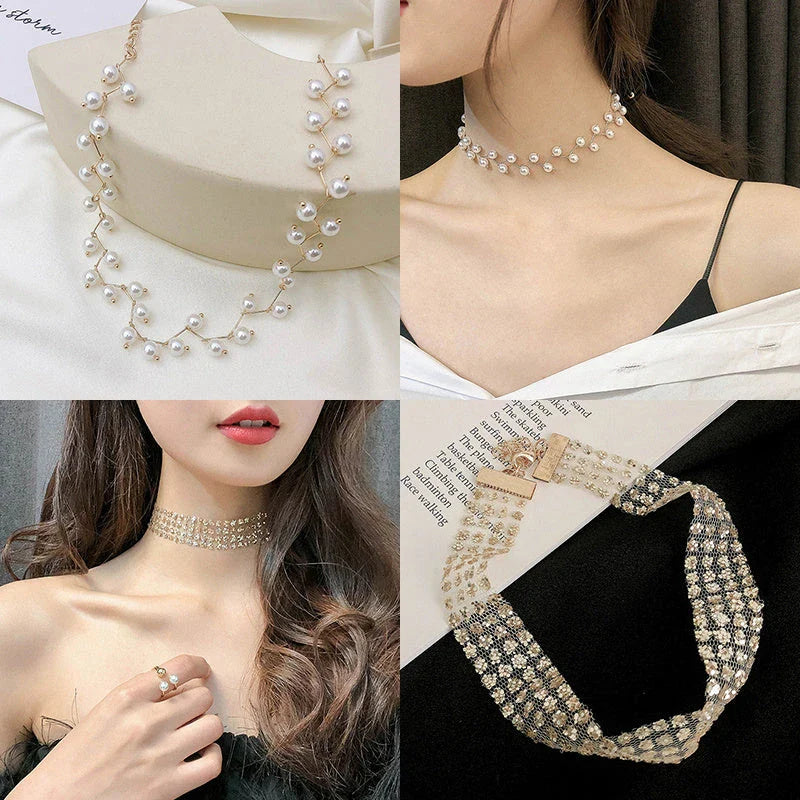 Personalized simple collar short neckband neck chain in various styles including golden pearl and silver pearl