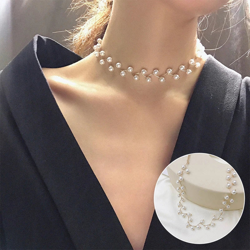 Personalized simple collar short neckband neck chain in various styles including golden pearl and silver pearl