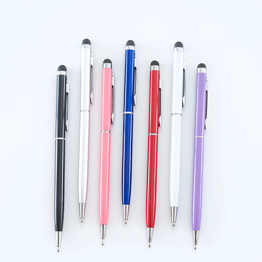 Rotating metal capacitive touch screen pen with 0.5mm tip shown in silver colour with cap extended