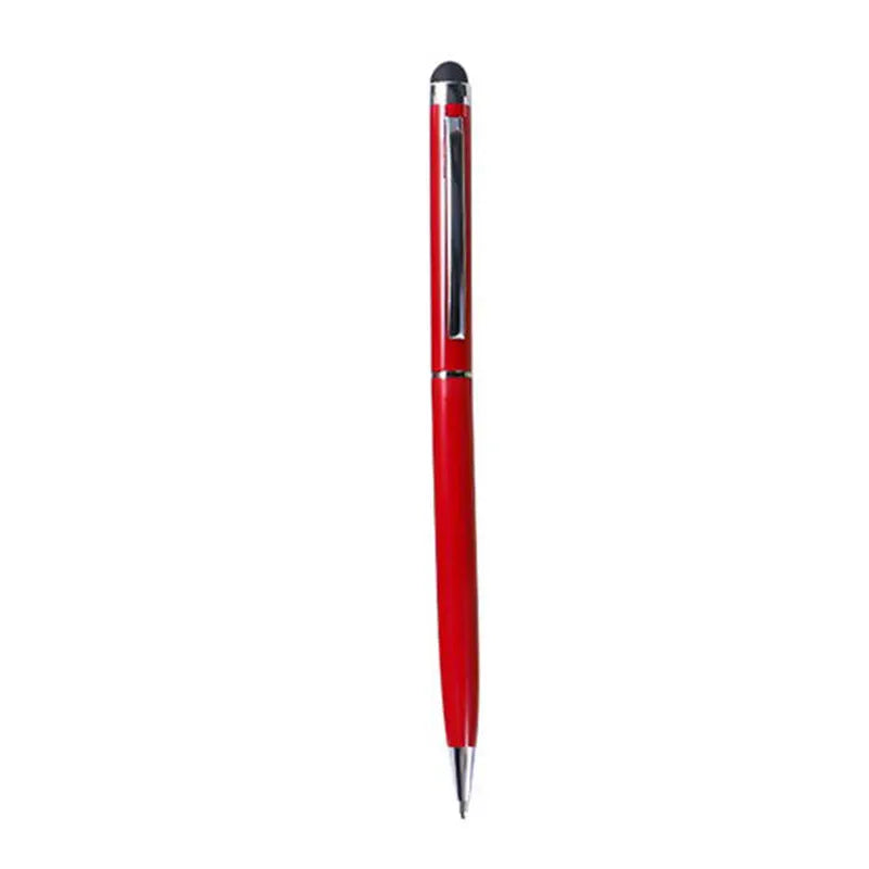 Rotating metal capacitive touch screen pen with 0.5mm tip shown in silver colour with cap extended