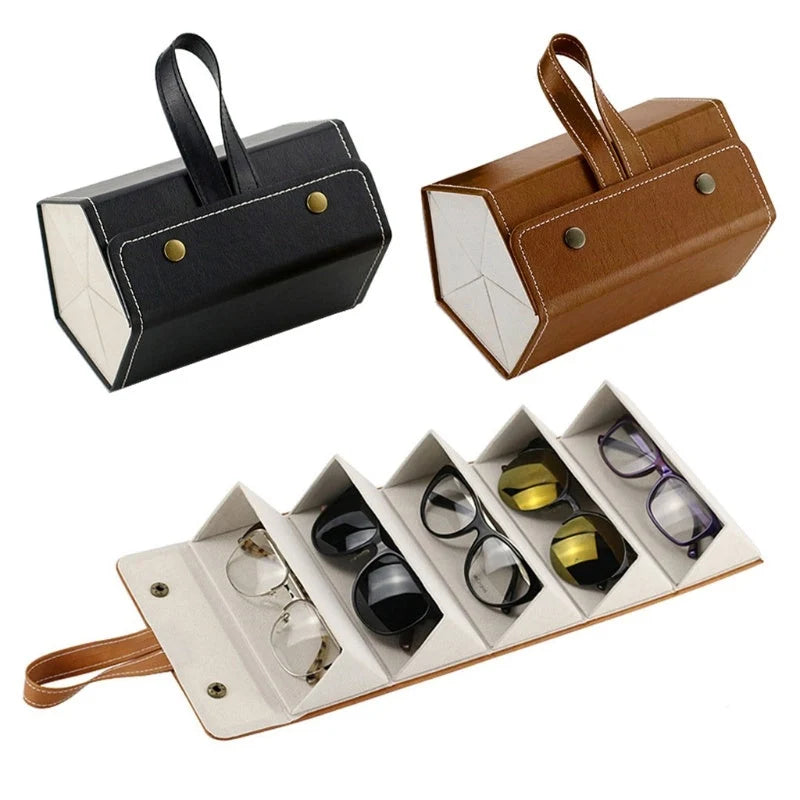 Foldable PU leather sunglasses and eyeglasses organizer case with five slots
