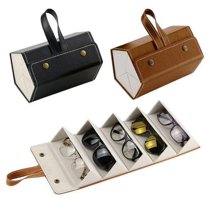 Foldable PU leather sunglasses and eyeglasses organizer case with five slots