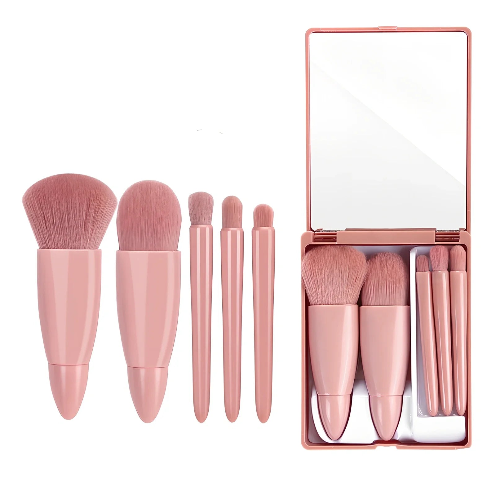 Pink 5-piece makeup brush set with mirror showing powder, foundation, blush, and eye brushes