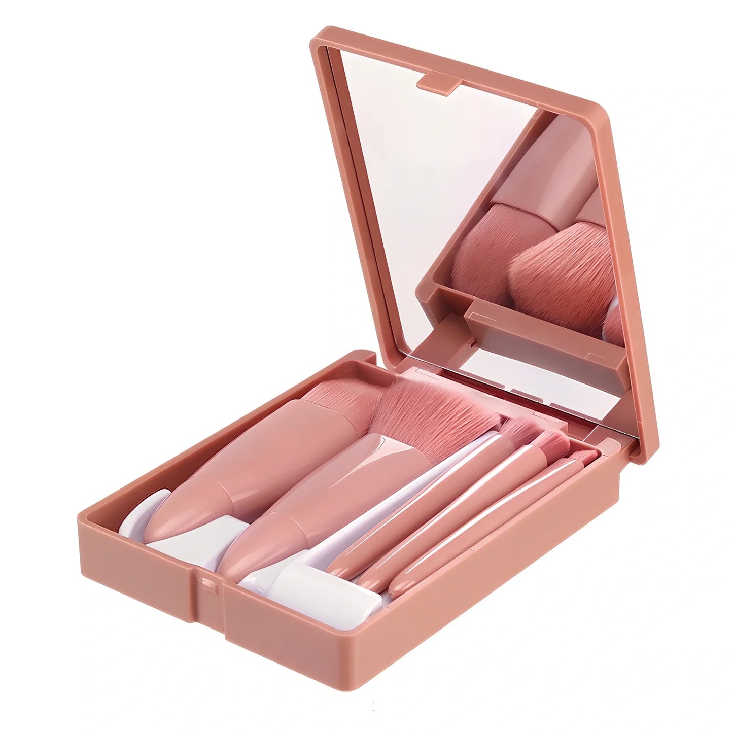 Pink 5-piece makeup brush set with mirror showing powder, foundation, blush, and eye brushes