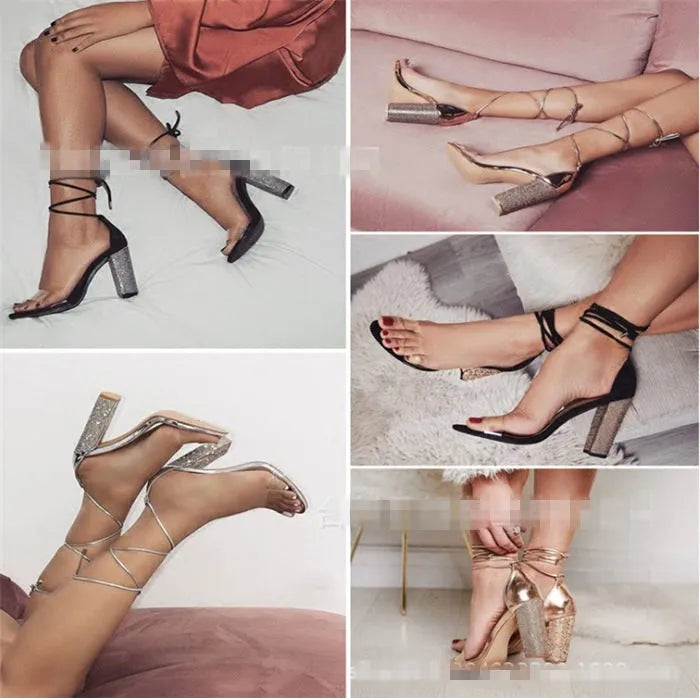 Black and gold pointed toe plastic stiletto high heels for women.