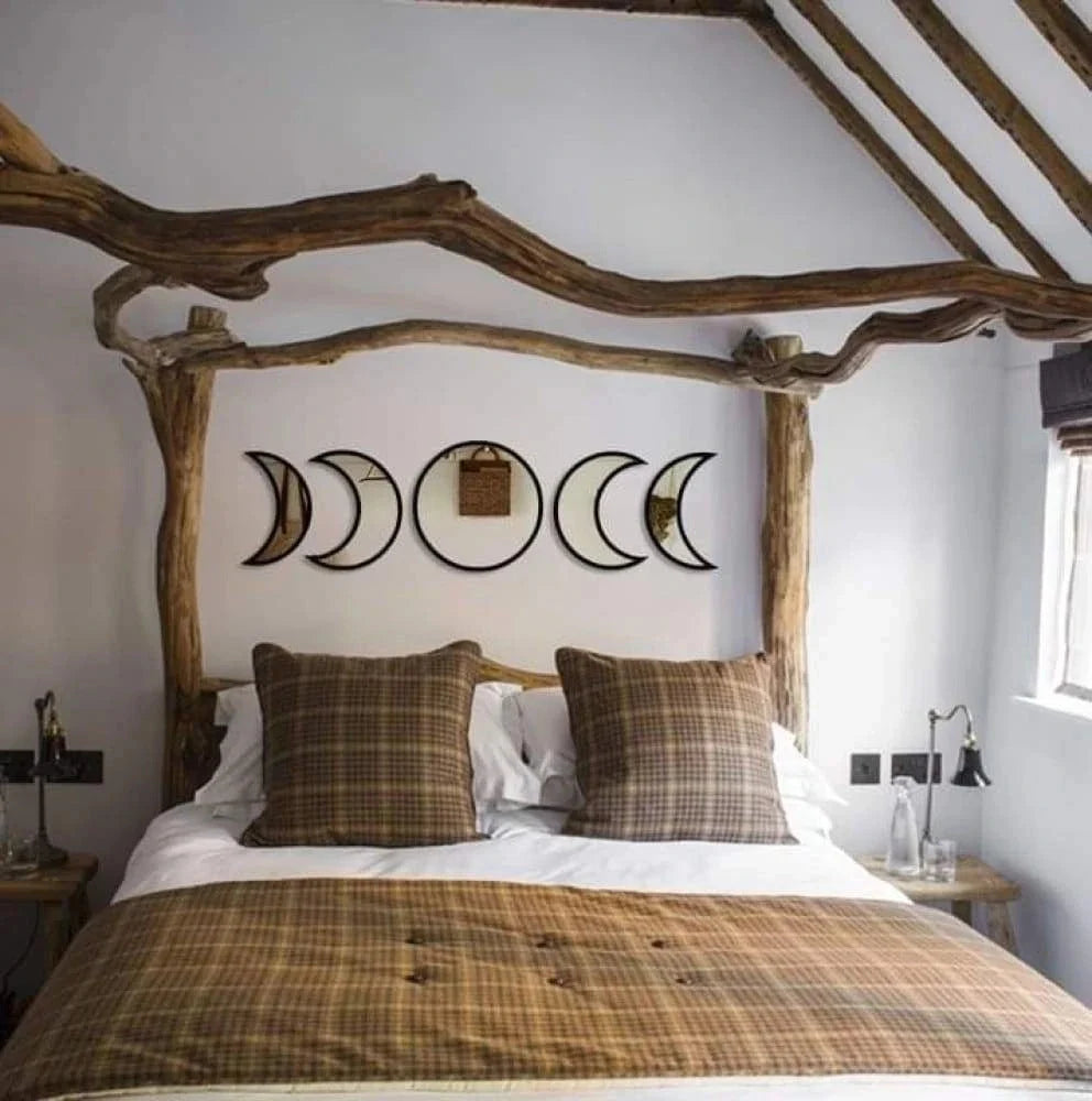 Bohemia Nordic Style Wooden Acrylic Moon Phase Mirror Wall Decoration in brown, black, and gold