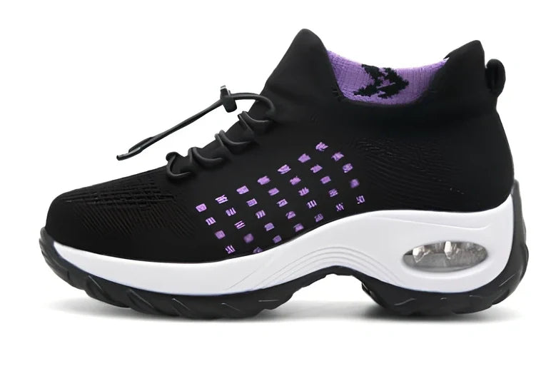 Women's black moon mesh sports shoes with cotton vamp, flat heel, round toe, size 38 shown on white background