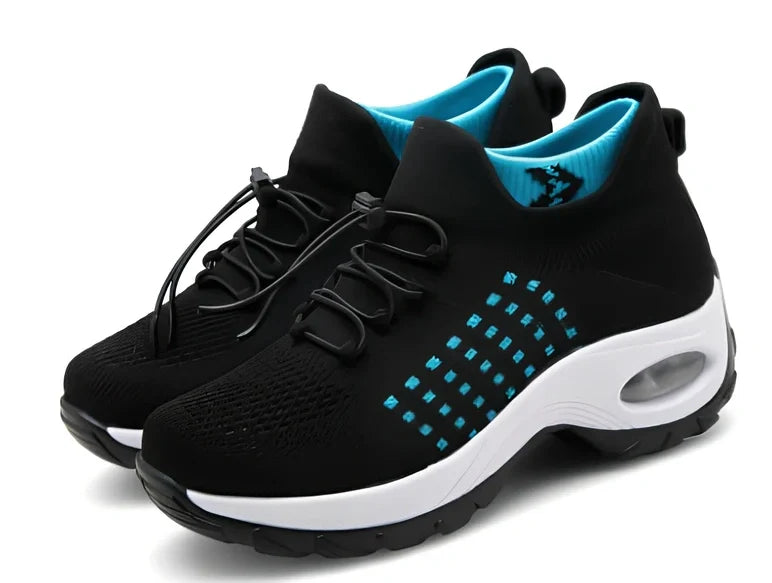 Women's black moon mesh sports shoes with cotton vamp, flat heel, round toe, size 38 shown on white background