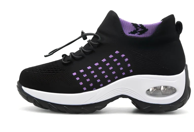 Women's black moon mesh sports shoes with cotton vamp, flat heel, round toe, size 38 shown on white background