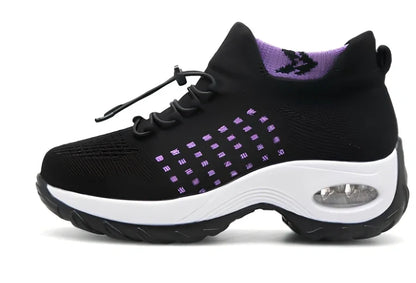 Women's black moon mesh sports shoes with cotton vamp, flat heel, round toe, size 38 shown on white background