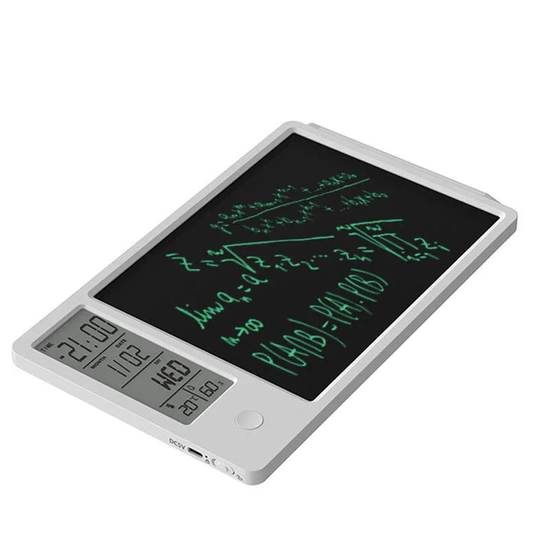 Electronic calendar writing board displaying time, temperature, and humidity on an LCD screen