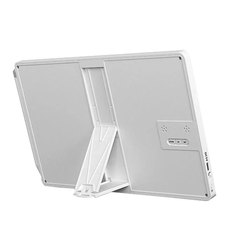 Electronic calendar writing board displaying time, temperature, and humidity on an LCD screen