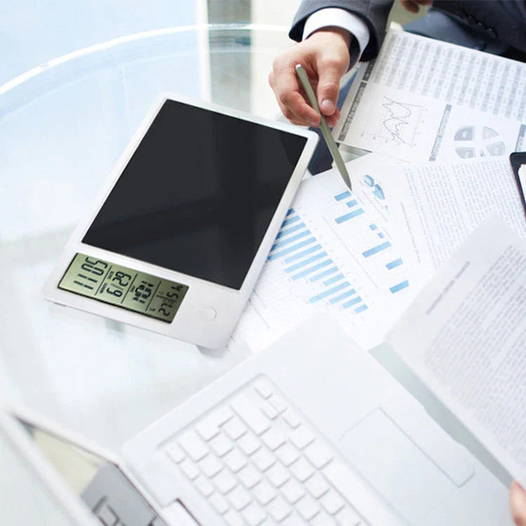 Electronic calendar writing board displaying time, temperature, and humidity on an LCD screen