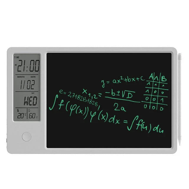 Electronic calendar writing board displaying time, temperature, and humidity on an LCD screen