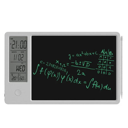 Electronic calendar writing board displaying time, temperature, and humidity on an LCD screen