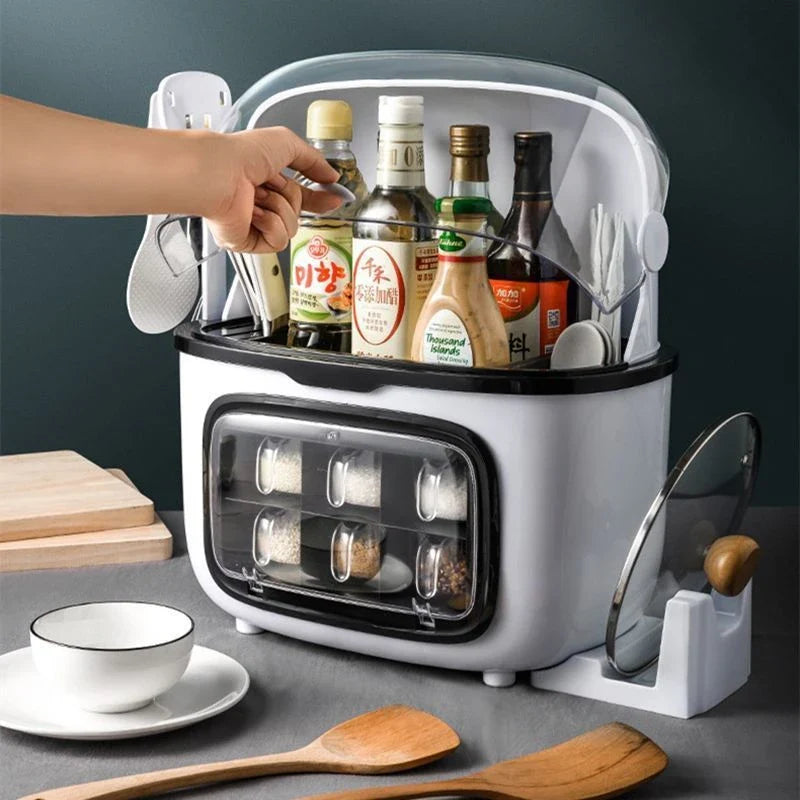 Multifunctional kitchen shelf with flip cover and water tray for organized storage