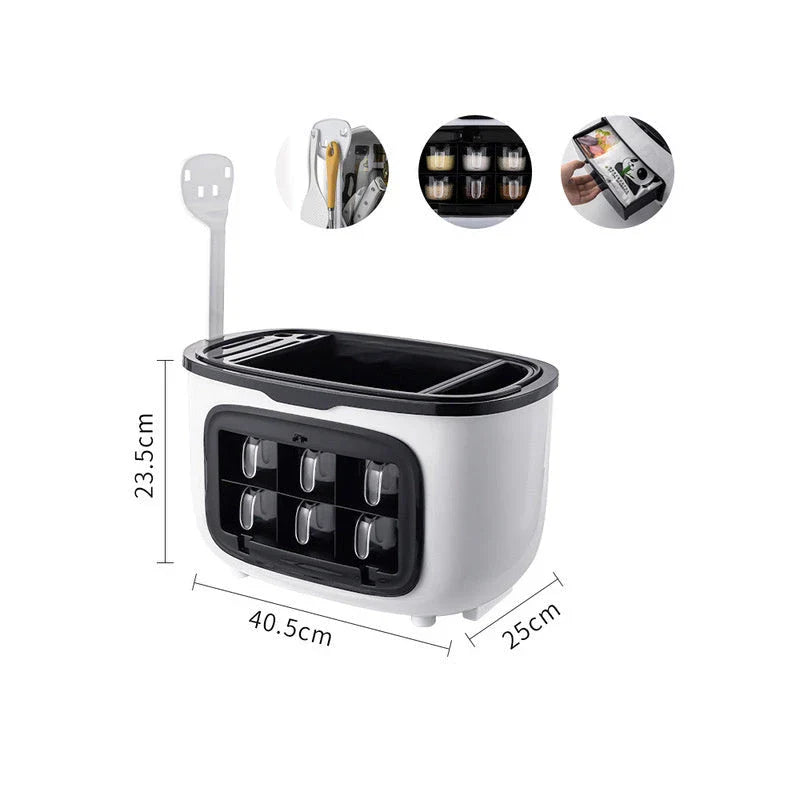 Multifunctional kitchen shelf with flip cover and water tray for organized storage