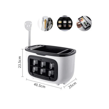 Multifunctional kitchen shelf with flip cover and water tray for organized storage