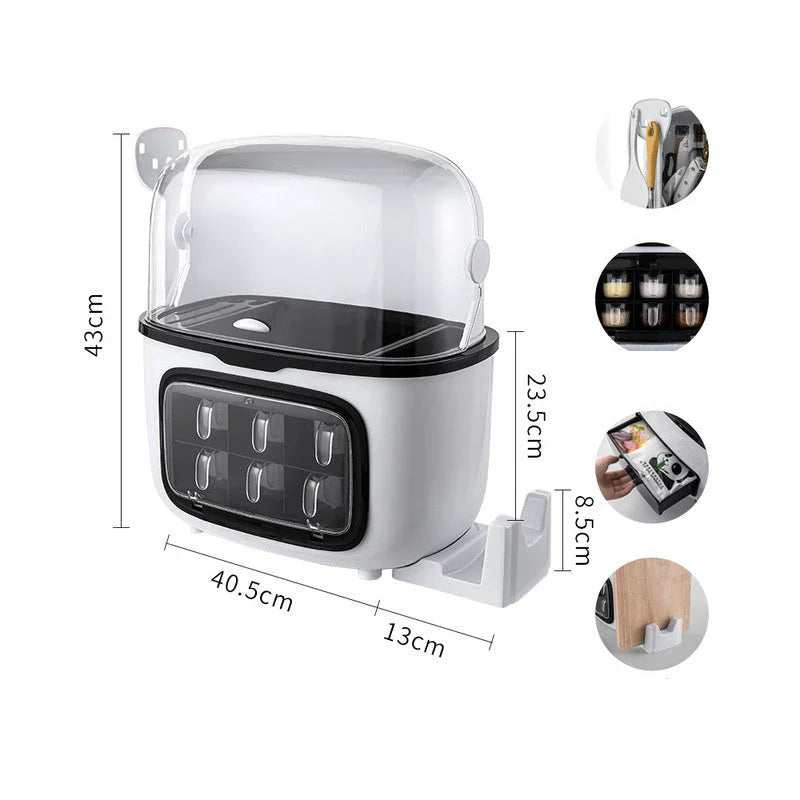 Multifunctional kitchen shelf with flip cover and water tray for organized storage