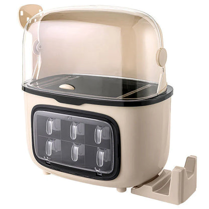 Multifunctional kitchen shelf with flip cover and water tray for organized storage