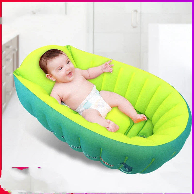 Inflatable baby bath tub in blue and orange with safety air column
