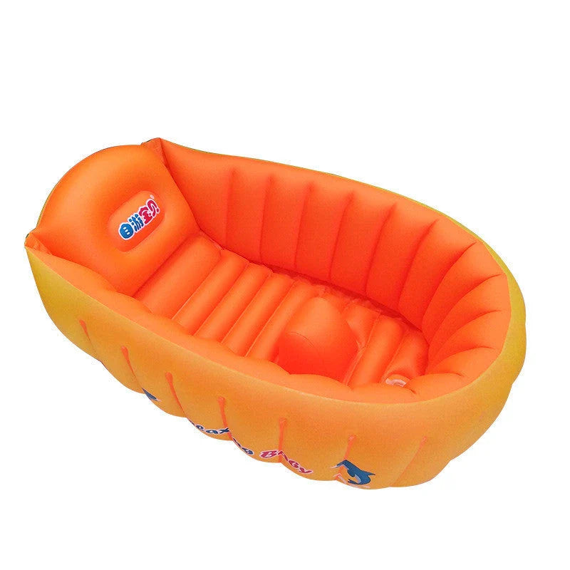 Inflatable baby bath tub in blue and orange with safety air column