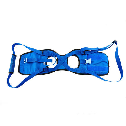 Disabled dog support harness in blue, showing adjustable waist and elastic handle for comfortable walks.