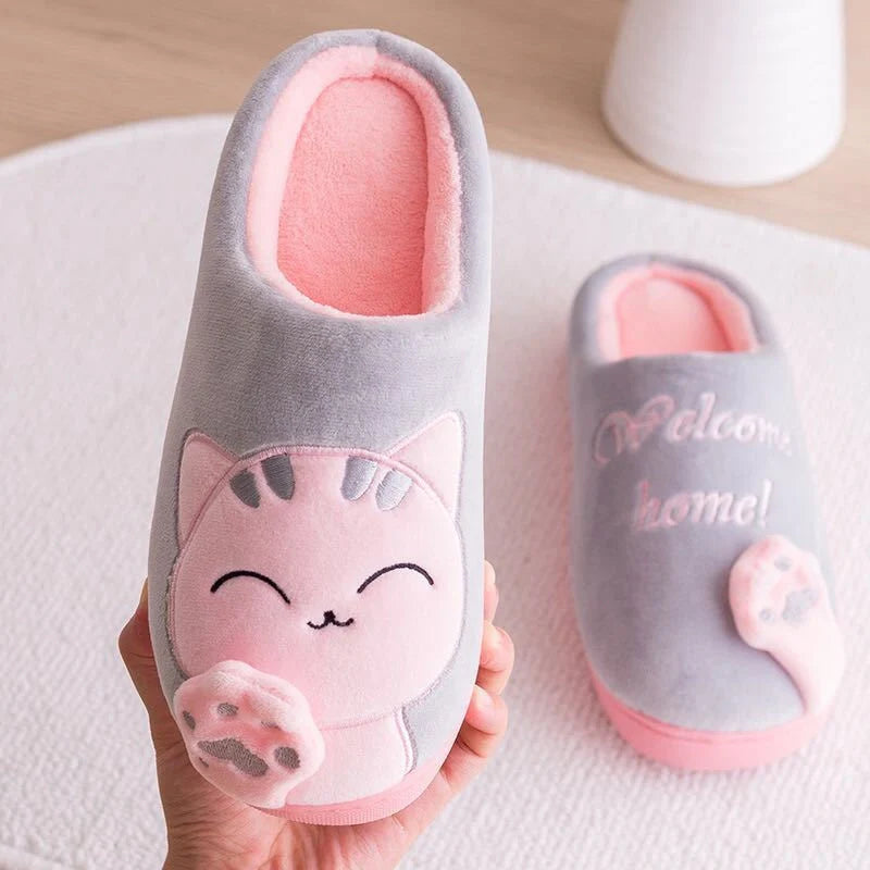 Cartoon cat winter slippers with ultra-soft plush lining in various colours